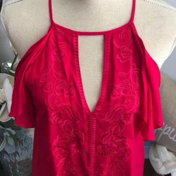 Parker‎ Top Embroidered Cold Shoulder High-neck Flutter Blouse, M - Picture 11 of 14